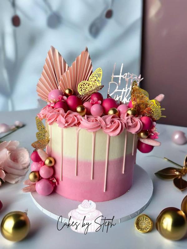 Pink and gold drip celebration cake by Cakes by Steph