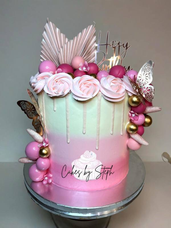 Pink and mint ombre drip birthday cake by Cakes by Steph