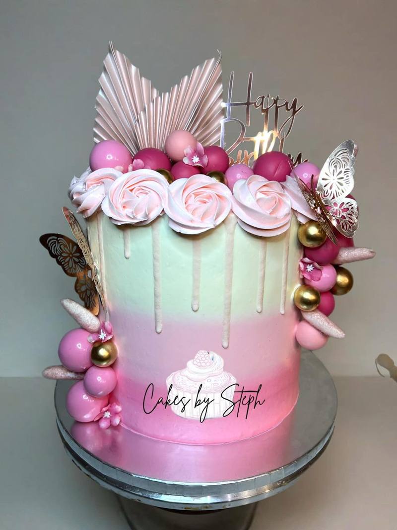 Pink ombre drip birthday cake by Cakes by Steph